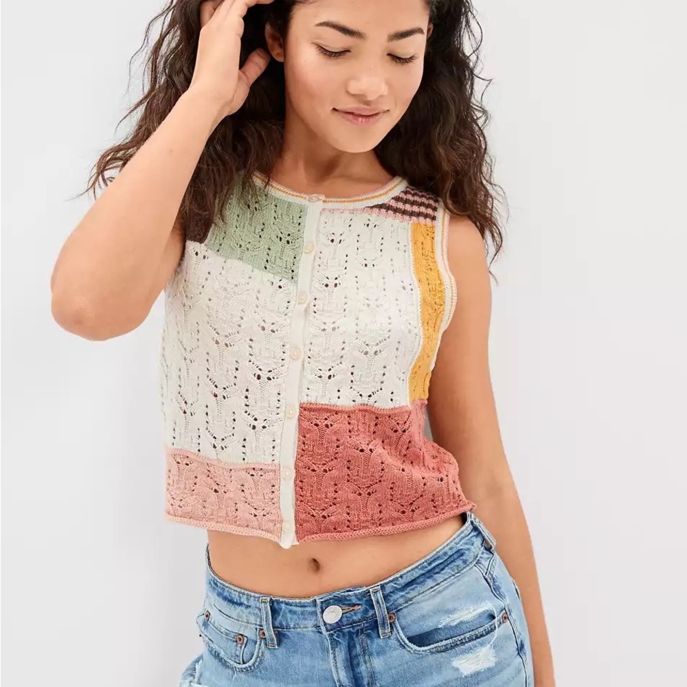 NWT American Eagle Patchwork Button-Up Sweater Vest Size XS